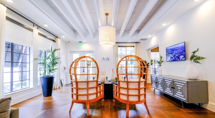 a room with two chairs and a table with a plant