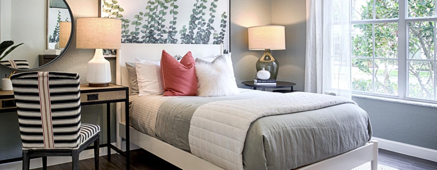 a bedroom with a bed and lamps