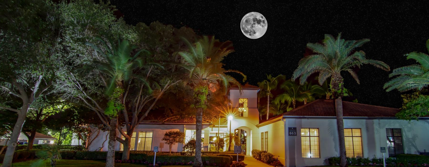 a building with palm trees and a moon in the sky