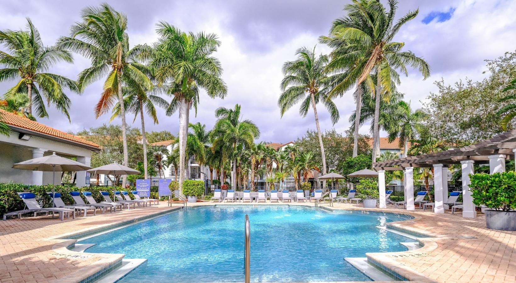 Resort-style swimming pool a pool with palm trees around it