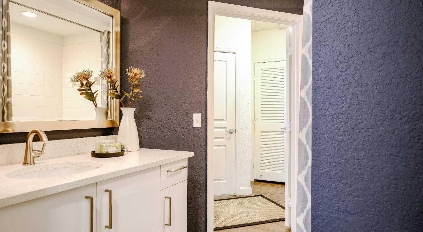 Bathroom options with thoughtful details a bathroom with a sink and a mirror